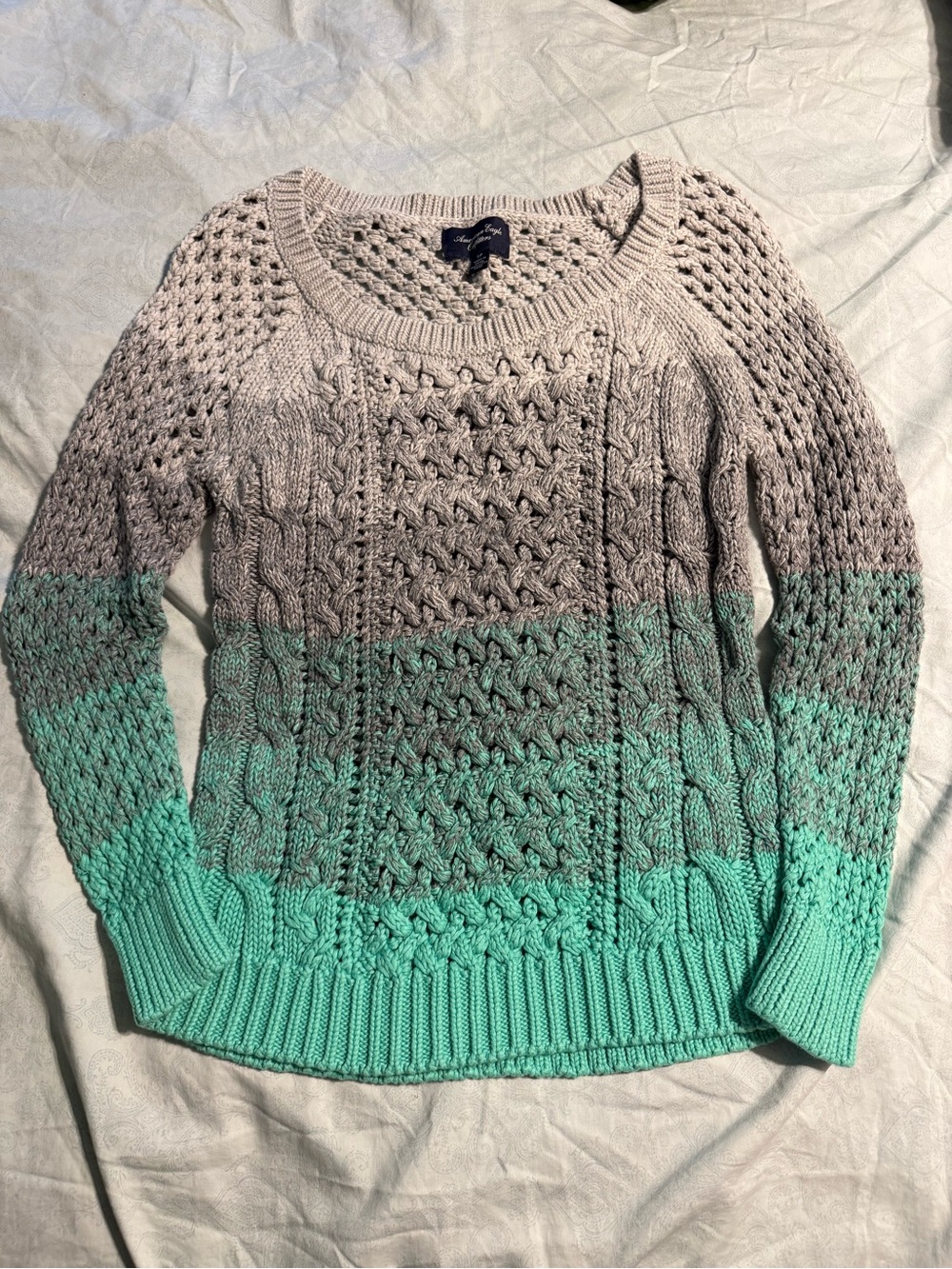 American Eagle Outfitters Ombre Cable-Knit Crew Sweater - Mint & Light Gray